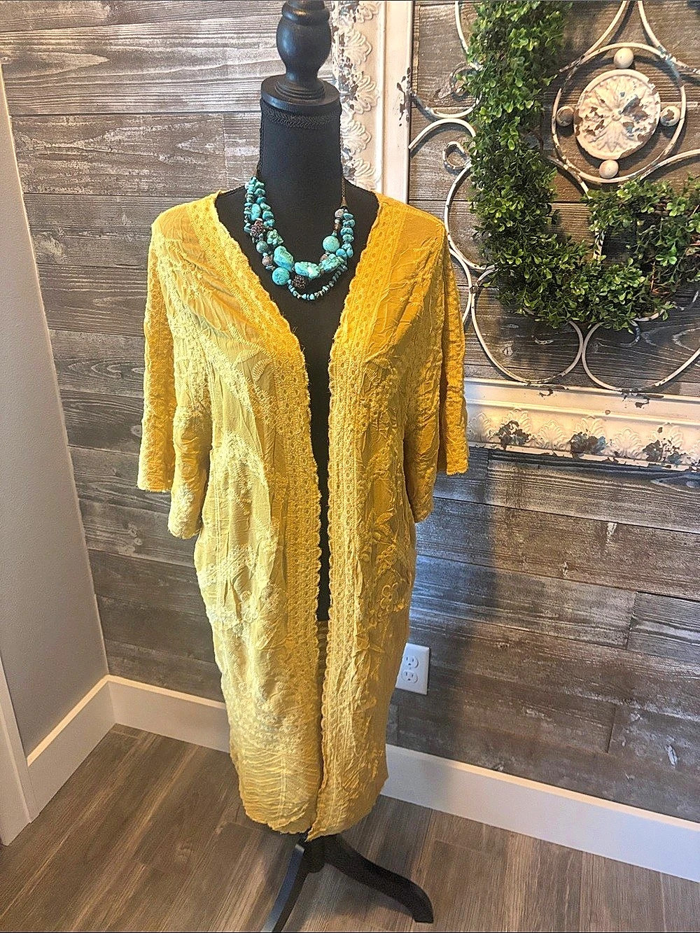 Venet (Size M/L) Women’s Mustard Yellow Floral Embroidered Duster